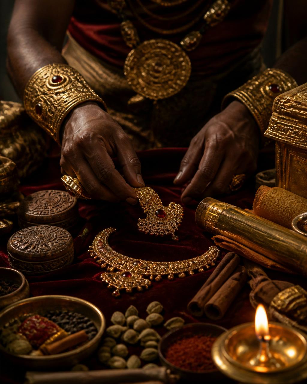 A Ceylonese royal artisan presenting handcrafted gold, silk and spices